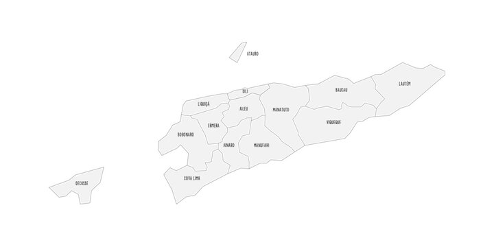 East Timor political map of administrative divisions - municipalities and Special Administrative Region Oecusse-Ambeno. Grey handdrawn doodle style map with black outline borders and name labels.