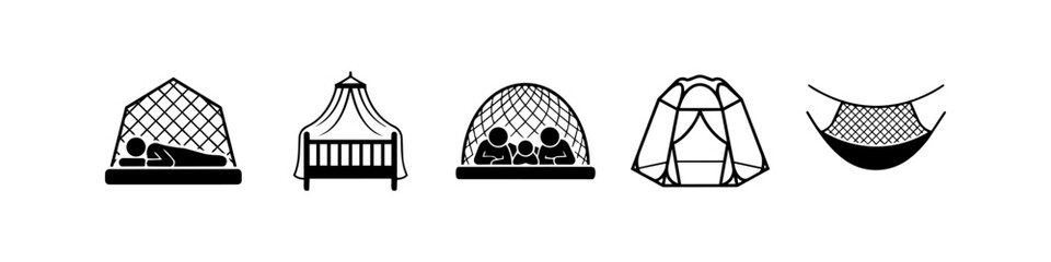 Set of black and white icons representing mosquito net protection for sleeping, including a bed, baby crib, family tent, and hammock. Ideal for malaria prevention and insect safety themes. © Nort Kor