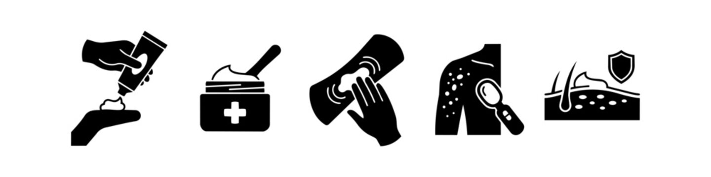 Set of black dermatology and skin care icons featuring cream application, medical ointment, adhesive patches, skin examination with magnifying glass, and protective barrier representation.