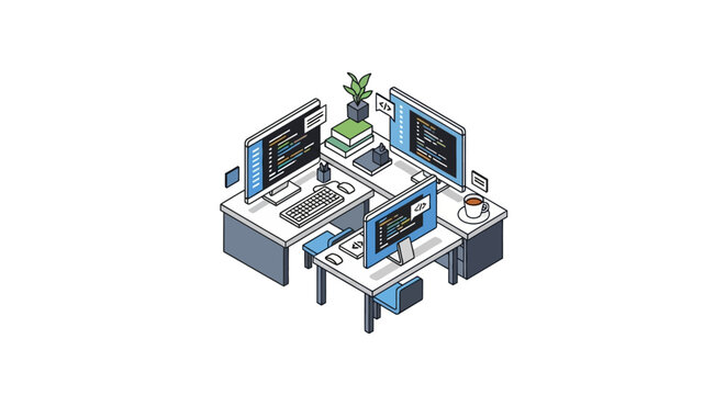 An isometric illustration of a modern office workspace with multiple computer screens