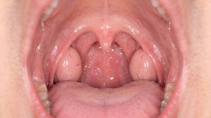 Fototapeta premium Healthy tonsils in adult East Asian male's open mouth during clinical examination