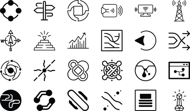 Communication and data flow icons showing wireless signals networking and path discovery.