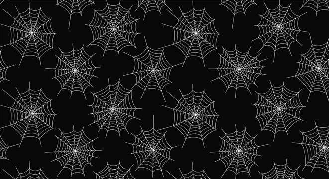 Seamless pattern with white spider webs on black background for halloween horror theme decor and spooky fabric print designs.