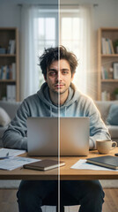 Obraz premium A conceptual split portrait of a young man at his desk with a laptop, contrasting the left side tired and pale against the right side fresh