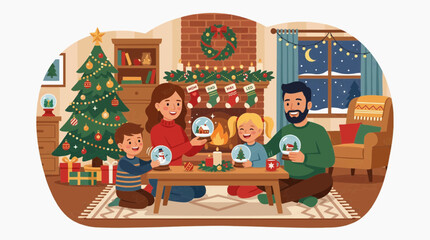 Naklejka premium A family of four enjoying the Christmas season by creating snow globes in a cozy living room. Decorated Christmas tree, fireplace, stockings, and festive ambiance fill the scene