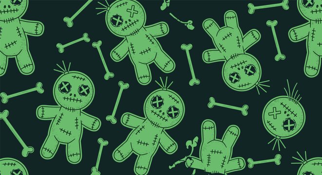 Seamless background pattern with green voodoo doll characters and white bones scattered on a dark textured surface for spooky themes.