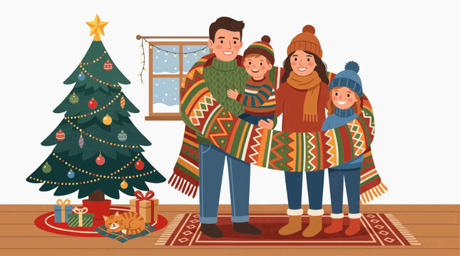 A happy family of four, including two children, are gathered by a decorated Christmas tree, wrapped in a warm blanket, with gifts under the tree and a cat sleeping beside them.