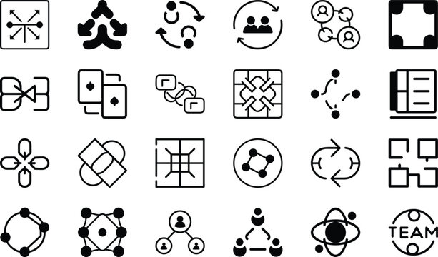 Set of abstract black icons representing team work, connection, and data on transparent background.
