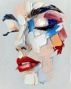 Abstract impasto oil painting of woman face with bold red lips and blue eyeshadow, expressive palette knife portrait with thick textured brushstrokes on light background