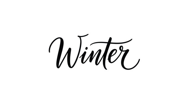 Elegant black ink brush lettering of the word winter for seasonal greeting cards and decorative typography on white background.