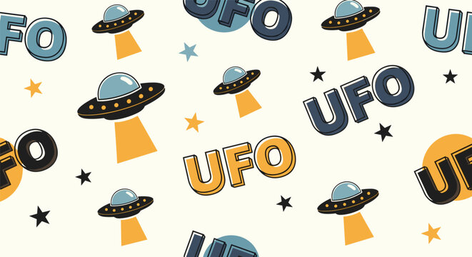 Modern seamless pattern design with bold ufo text colorful flying saucers and small stars on a light cream background for space themes.