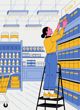 Female retail store employee restocking supermarket shelves, placing sign for Aisle 7, with organized products and shopping cart visible in the background