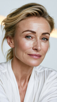 middle aged woman glowing skin cinematic portrait, elegant mature woman beauty soft light headshot, natural aging beauty confident middle aged female portrait
