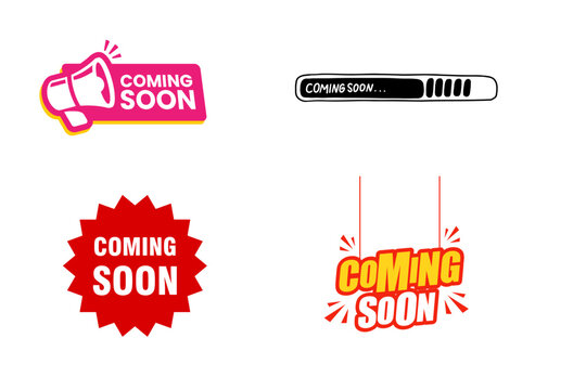 Creative coming soon teaser badges, graphic promotional launch announcement stickers, retail marketing text layout vectors