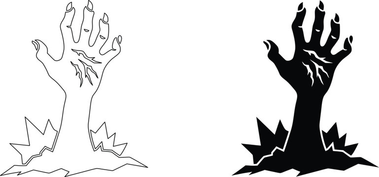 Scary zombie hand rising from grave ground silhouette vector graphic for horror themes.