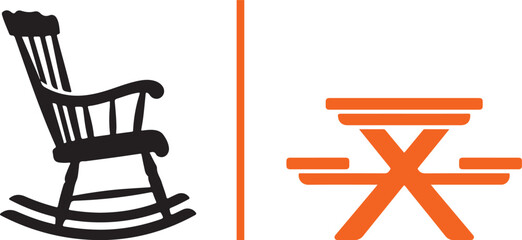 Minimalist vector furniture graphic: a simple black wooden accent table on the left, separated by a vertical orange line from an orange open shelf storage cabinet bookcase on the right. © Muhammad
