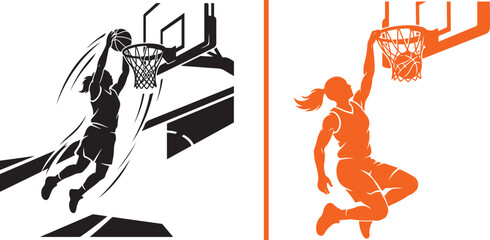 Vector layout featuring a dynamic black silhouette of a female basketball player dunking on the left side and an orange silhouette of a female athlete scoring on the right, split by an orange line. © Muhammad