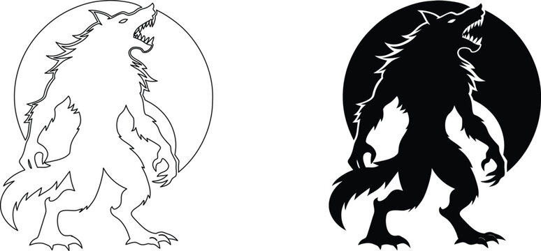 Werewolf howling at full moon silhouette and line art vector for halloween night scene.