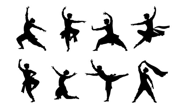 Indian classical dancing men silhouette set PNG transparent background
