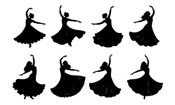 Indian classical dancing women silhouette set PNG transparent background