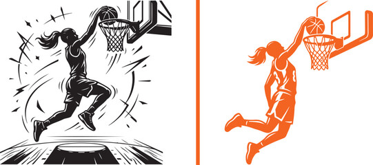 Vector layout showing a black sketch silhouette of a female basketball player dunking on a court on the left and a clean orange silhouette of a player scoring on the right, split by an orange line. © Muhammad