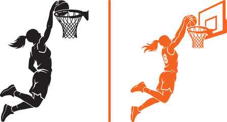 Vector graphic featuring a black silhouette of a female basketball player dunking on the left side and an orange silhouette of a female player scoring on the right, separated by an orange line. © Muhammad