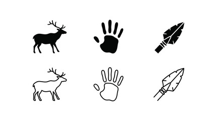 Fototapeta premium Prehistoric primitive hunting and cave art icons featuring deer silhouette handprint and flint spearhead