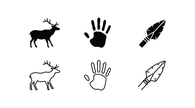 Prehistoric primitive hunting and cave art icons featuring deer silhouette handprint and flint spearhead