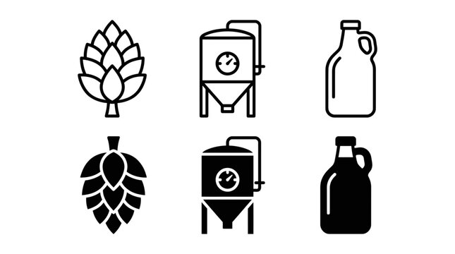 Beer brewing industry icons featuring hop cone fermentation vat glass beverage growler fermentation