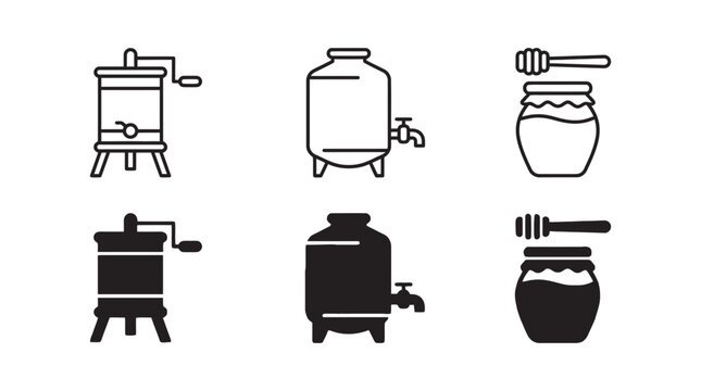 Beekeeping and honey production equipment icons featuring extractor storage tank and honey jar with dipper