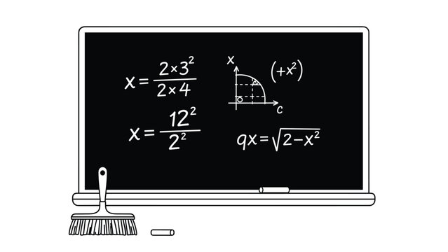 Classroom blackboard covered in complex mathematical formulas and geometric diagrams with an eraser brush and white chalk.