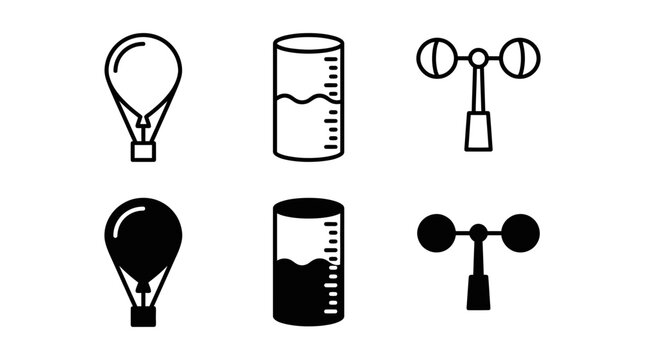 Meteorological measurement instrument icons including weather balloon anemometer and graduated rain gauge