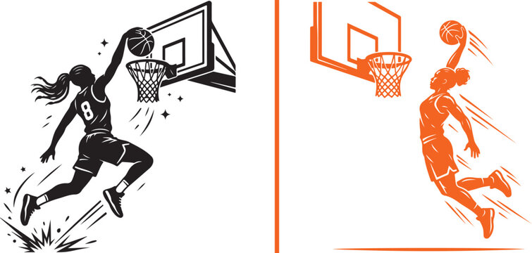 Vector graphic featuring a black silhouette of a female basketball player shooting a layup on the left side and an orange silhouette of a player scoring on the right, split by an orange line.