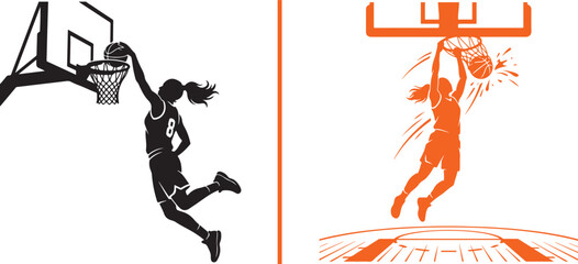 Minimalist vector graphic showing a black female basketball player dunking on the left, separated by a vertical orange line from a stylized orange player scoring under the net on the right. © Muhammad