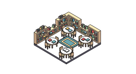 An isometric illustration of a cozy library room with tables and bookshelves © cebong