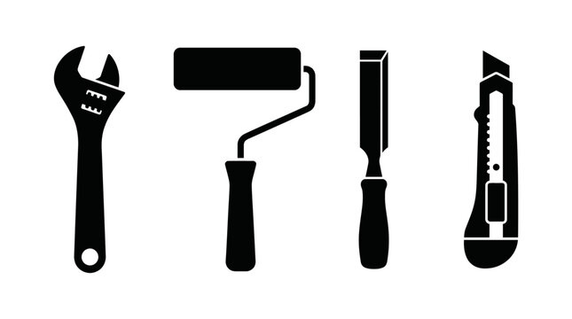 Construction Hand Tools Silhouette Set on White Background