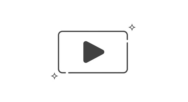 A minimalist digital play button icon with decorative sparkles on a white background