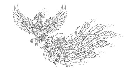 Fototapeta premium Detailed black and white line art illustration of a majestic phoenix in flight with long ornate tail feathers.
