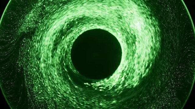 Mesmerizing vortex of vibrant green liquid swirls dynamically around a dark central void, creating a powerful visual representation of kinetic energy and fluid dynamics within a scientific