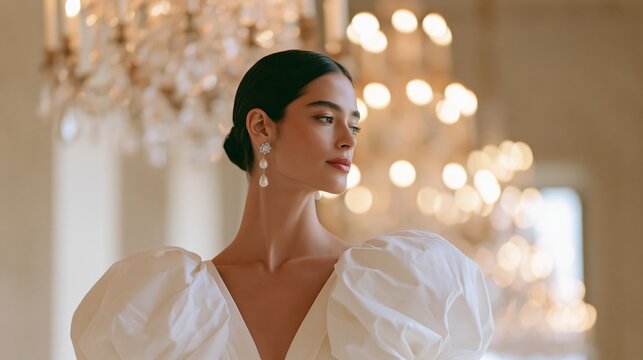 Bride wearing luxurious mikado wedding gown with puff sleeves, elegant earrings, and styled hair, posed in a grand hall with chandeliers and soft lighting