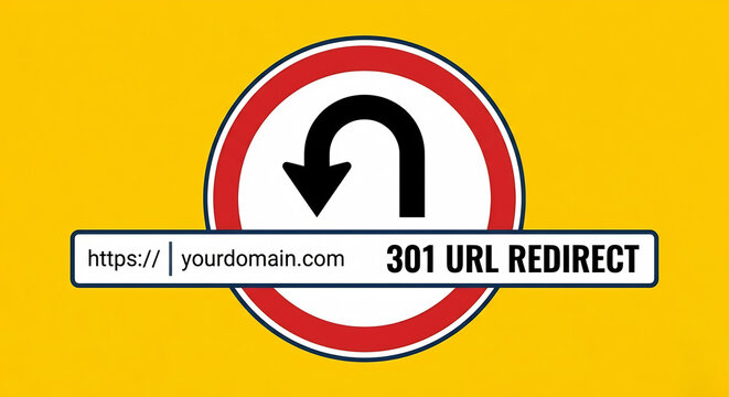 U turn sign with 301 URL redirect text inside a website browser address bar concept