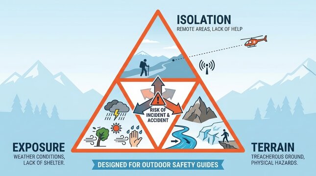 Danger triangle infographic illustrating isolation, exposure, and terrain risks outdoors