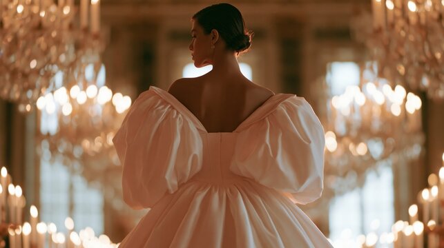 Bride wearing a luxurious mikado wedding gown with puff sleeves, standing in an elegant venue illuminated by chandeliers, showcasing intricate details and a dramatic silhouette