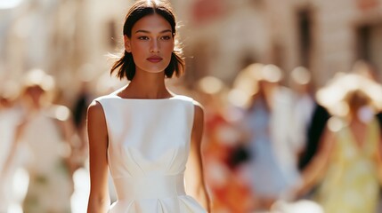 Fototapeta premium Elegant woman wearing a structured drop waist dress walks confidently on a busy street, blurred figures of other pedestrians and soft city background visible