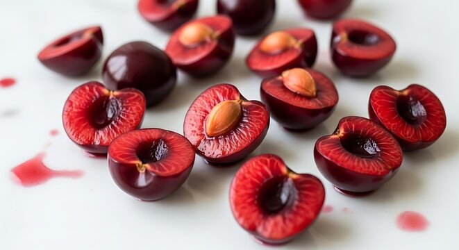 A close-up shot of fresh, ripe cherries, halved to reveal their juicy red flesh and single pits, scattered on a white surface with a few drops of juice.