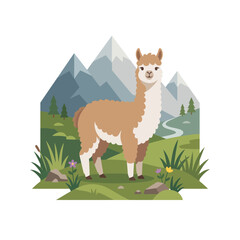 Fototapeta premium Llama standing in a mountain landscape with trees and flowers