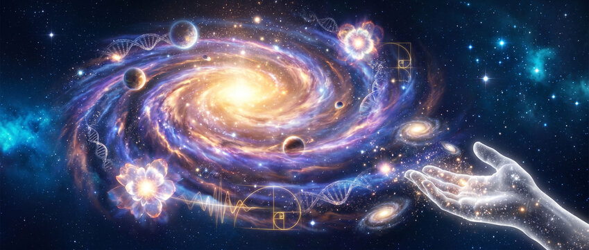 Kosmische Sch&ouml;pfung mit DNA und Hand als Ursprungskonzept