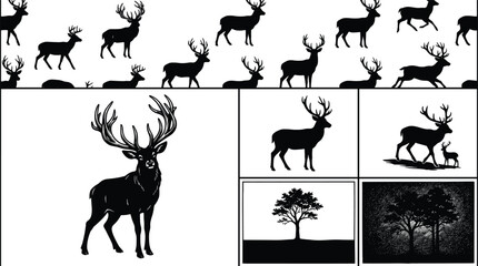 Naklejka premium Black Silhouette Deer and Forest Trees in Grid Panels Featuring Wildlife Animals, Woodland Scenery, and Rustic Nature Design Concepts