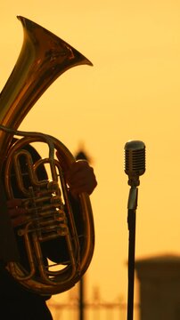 Euphonium microphone sunset musician holding brass instrument outdoors against golden sky during a peaceful jazz performance at dusk