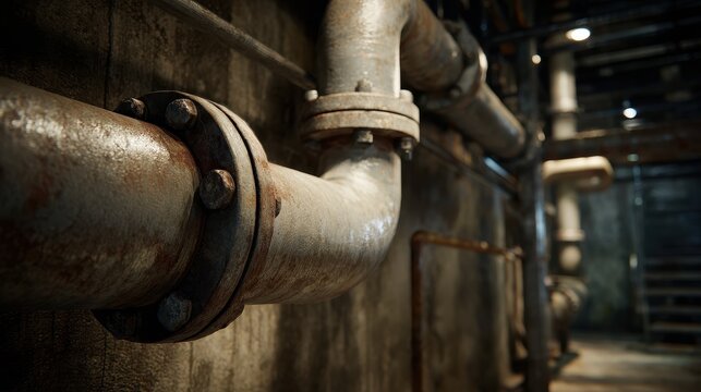 Industrial rusty metal pipes in a dark basement or utility room